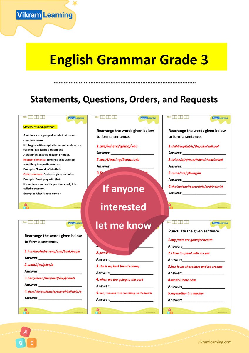 VikramLearning's tweet photo. Grade-3 Statements, Questions, Orders, and Requests
Download free printable PDF #worksheets
https://t.co/3oYedjP4Fb https://t.co/R6O1M3jXrP
