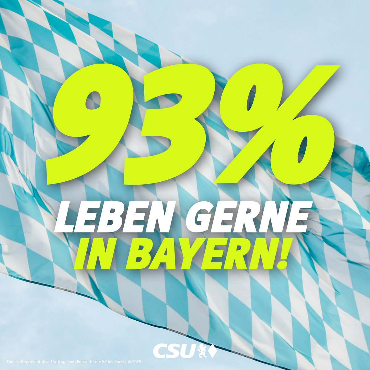 Markus_Soeder's tweet photo. 93% der bayerischen Bürgerinnen und Bürger sagen "Ja" zu Bayern! Eine aktuelle Forsa Umfrage zeigt deutlich: #Bayern ist und bleibt geliebte #Heimat! Das bestätigt unseren Kurs für die Zukunft unseres Freistaates. In Bayern lebt es sich einfach besser! https://t.co/5od0p0vW6A