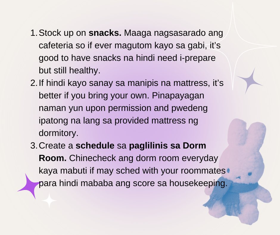SApshscbzrc's tweet photo. If you have your own tips to share concerning dorm life, please feel free and use the hashtags: #ThingsToKnowInCALABARZone and #TipsForPisayFreshies!

☀️

Pubmat by Keisha Luna

[2/2] https://t.co/8zCx1K7teB