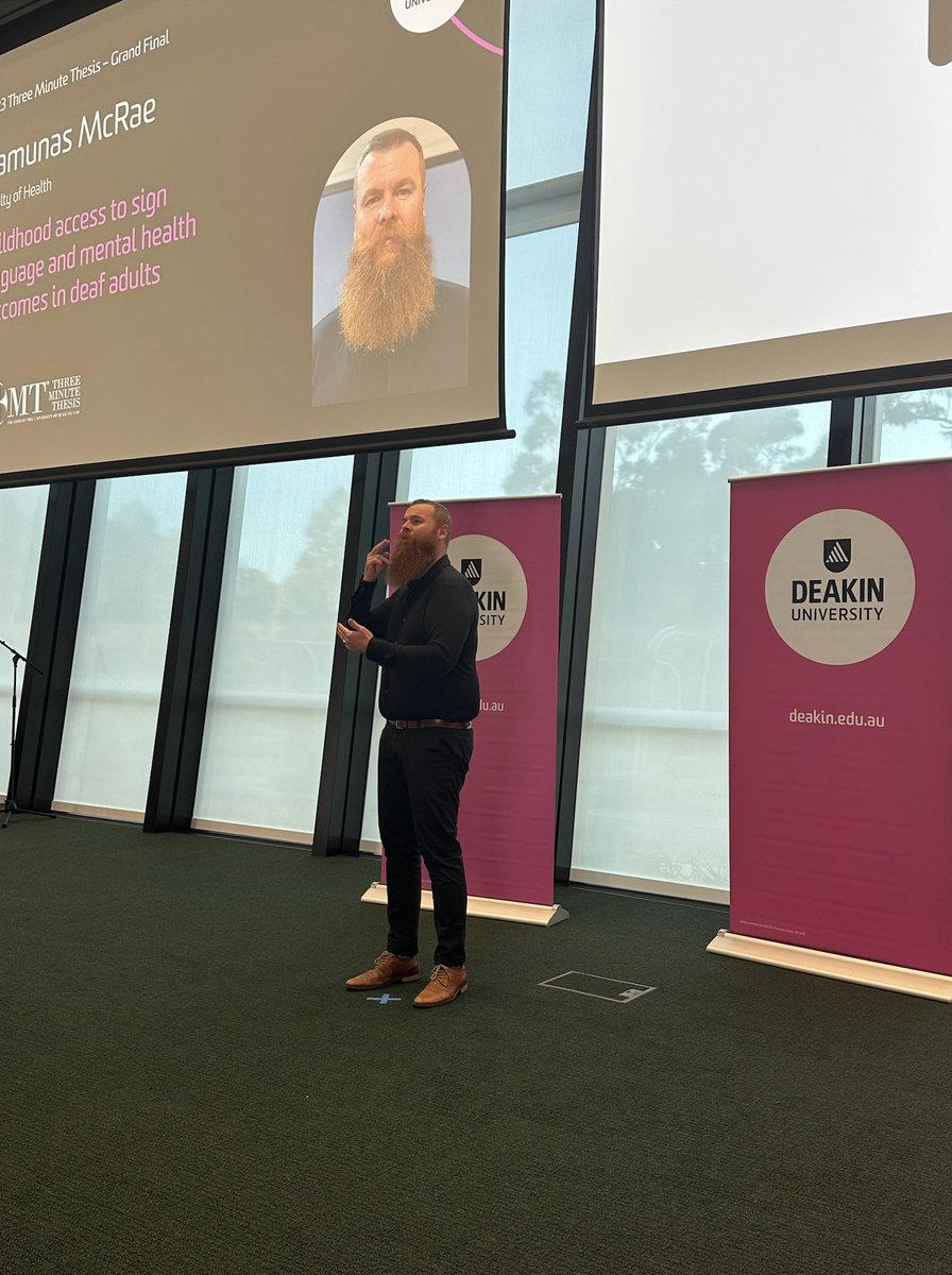 @IsuriNPerera @DeakinIfm ‘Less than a quarter of hearing parents learn to sign.’ The majority of deaf children are expected to learn to speak and listen to become ‘normal’. Deaf researcher Ramunas McRae is uncovering the effect of language deprivation on mental health outcomes. @DeakinHealth #3MT