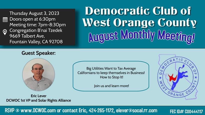 DCWOC's tweet photo. Hello Dems! Reminder that tmrw, August 3 is our monthly meeting @ 9669 Talbert Ave, Fountain Valley 6:30pm-8pm

Guest speaker will b Ernie Nishii, chair of the Historic Wintersburg Conservancy and Eric Lever, DCWOC VP and Solar Rights Alliance advocate! 

You don’t want to miss! https://t.co/HPMmuOekLb