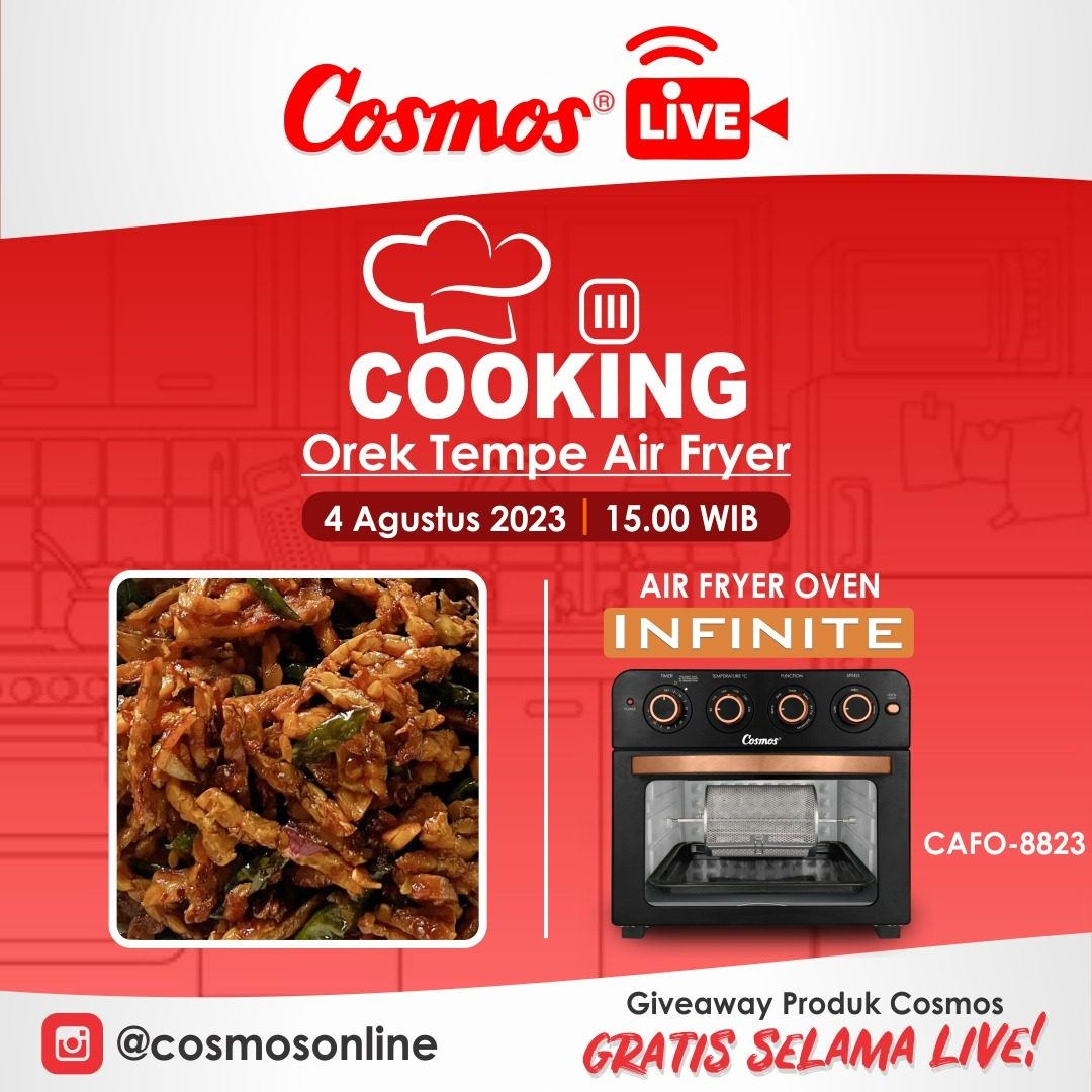 cosmosonline's tweet photo. Cosmos Fun Live Cooking akan hadir lagi besok ni Keluarga Cosmos !! Kita akan membuat Orek Tempe Air Fryer yang pastinya lebih sehat.. Penasaran gimana cara buatnya? Jangan sampai ketinggalan yaaa besok..
#BanggaCosmos #CosmosFunLiveCooking #LiveCooking #ResepSehat #CAFO https://t.co/Dh696xhPi5