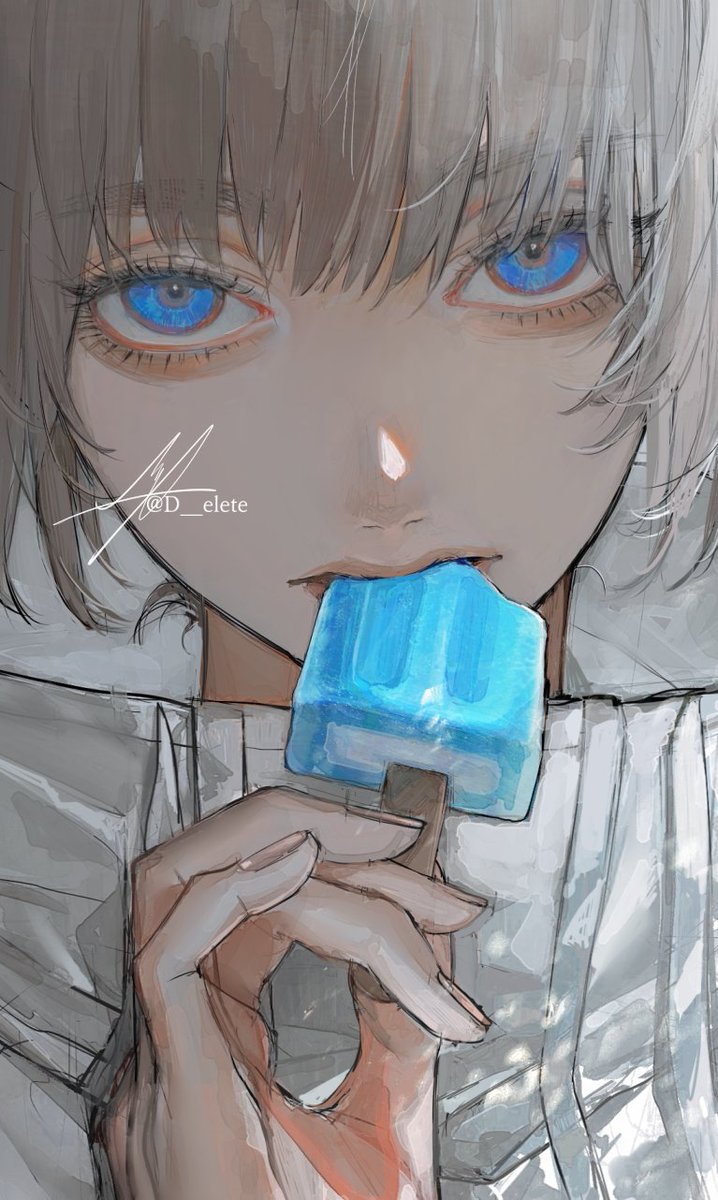 food solo blue eyes popsicle signature looking at viewer holding  illustration images