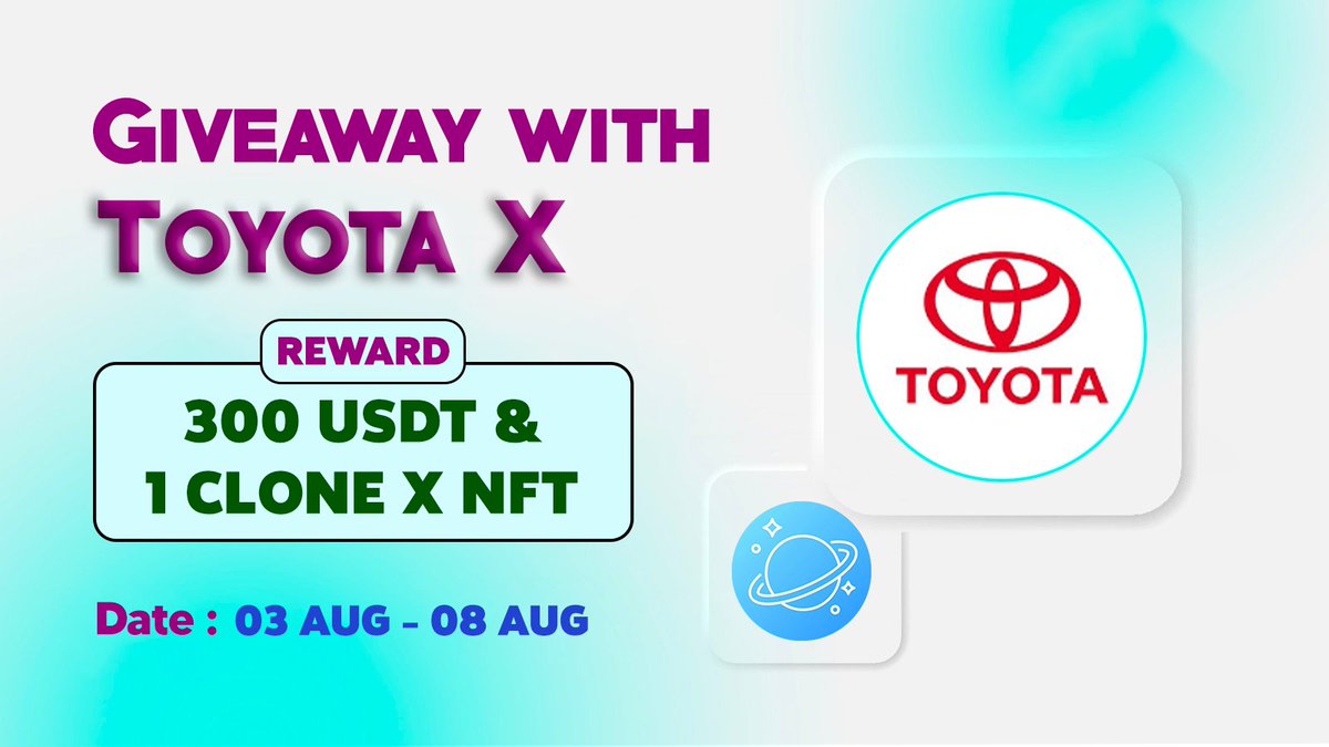 🤩 𝗧𝗼𝘆𝗼𝘁𝗮 𝗫 (𝟮𝗻𝗱 𝗥𝗼𝘂𝗻𝗱) × 𝗪𝗘𝗕𝟯 𝗦𝗽𝗮𝗰𝗲 𝗨𝗦𝗗𝗧 𝗚𝗶𝘃𝗲𝗮𝘄𝗮𝘆

🎁 𝗥𝗲𝘄𝗮𝗿𝗱  : 300 USDT + 1 Clone X NFT

𝗧𝗢 𝗘𝗡𝗧𝗘𝗥 :
◾️Follow <a href="/Web_3space/">WEB3 Space</a>
◾️Like, RT &amp; Tag 3 Friends
◾️Finish task : wn.nr/4yjWF3N

⏰ 𝗘𝗻𝗱 : 8th Aug 

#Giveaway #Airdrop