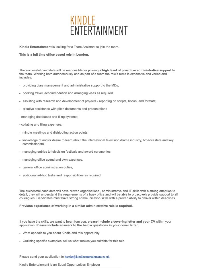 We're hiring! Kindle are looking for a Team Assistant to join our team. Please see job details attached.