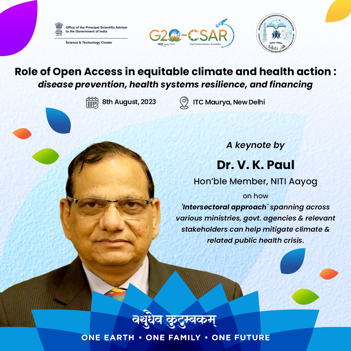 driiv_delhi's tweet photo. Dr. V K Paul, Member (Health), #NITIAayog will grace @G20_CSAR side-event hosted by @driiv_delhi with keynote that focuses on how "#Intersectoral approach" spanning across ministries, and relevant stakeholders can help mitigate climate & related #publichealth crisis https://t.co/OZk8eAaWIB