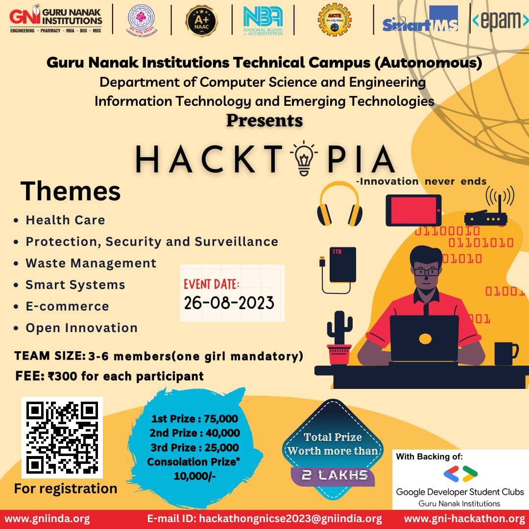 gdsc_gni's tweet photo. Unleash your inner tech genius at 'Hacktopia' - the ultimate national-level tech fest being conducted at Guru Nanak Institutions! 🚀 

Show off your skills, compete with the best minds, and seize the opportunity to win big cash prizes! 🏆

Join us now and make history! https://t.co/l9JGlkTMrj