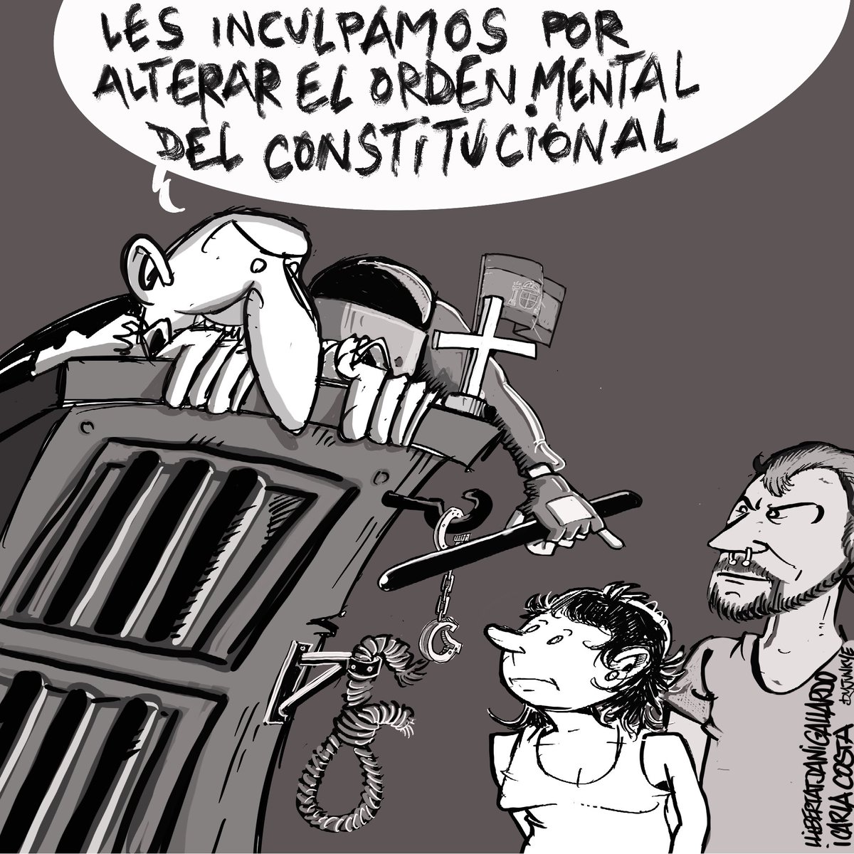 Bon dia a tothom. Avui el dibuix d’ahir té texte perque dortira publicat s @diario16. Us agraïria que en féssiu difusió. Avui son ells. Demà podem ser nosaltres. 
#absolucióDaniGallardo
#absolucióCarlaCosta
#prourepressió