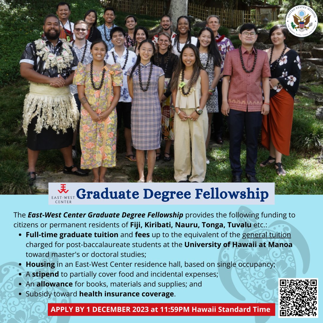 📣🇫🇯🇰🇮🇳🇷🇹🇴🇹🇻 Apply now for the <a href="/EastWestCenter/">East-West Center</a> Graduate Degree Fellowship! Participate in educational, cultural, and residential community building, as well as leadership development programs while pursuing a graduate degree at <a href="/uhmanoa/">University of Hawaii at Manoa</a>.

Learn more: rb.gy/diy4k
