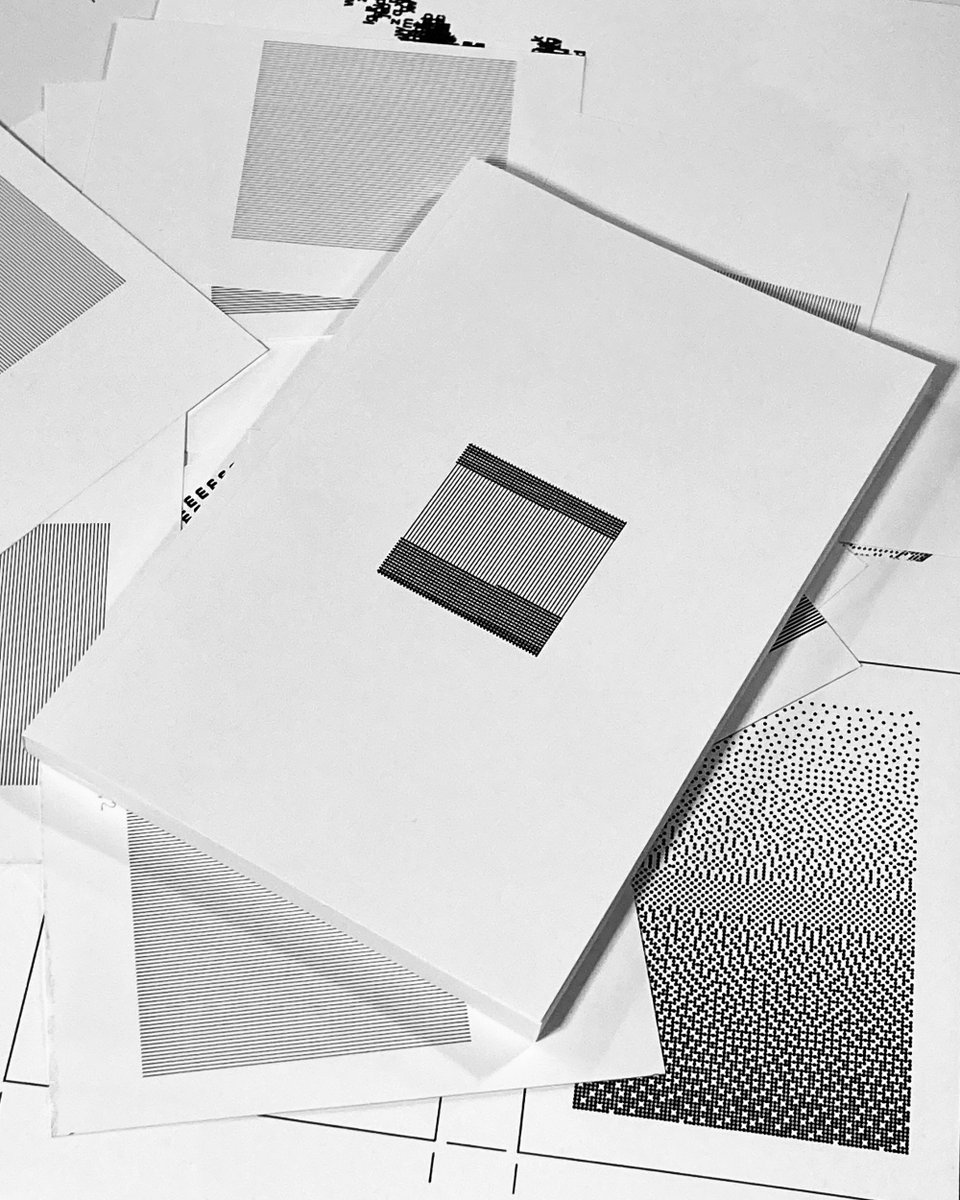 Bonjour ☕️ My book “Lines in Squares” surrounded by various pen plotter experiments.