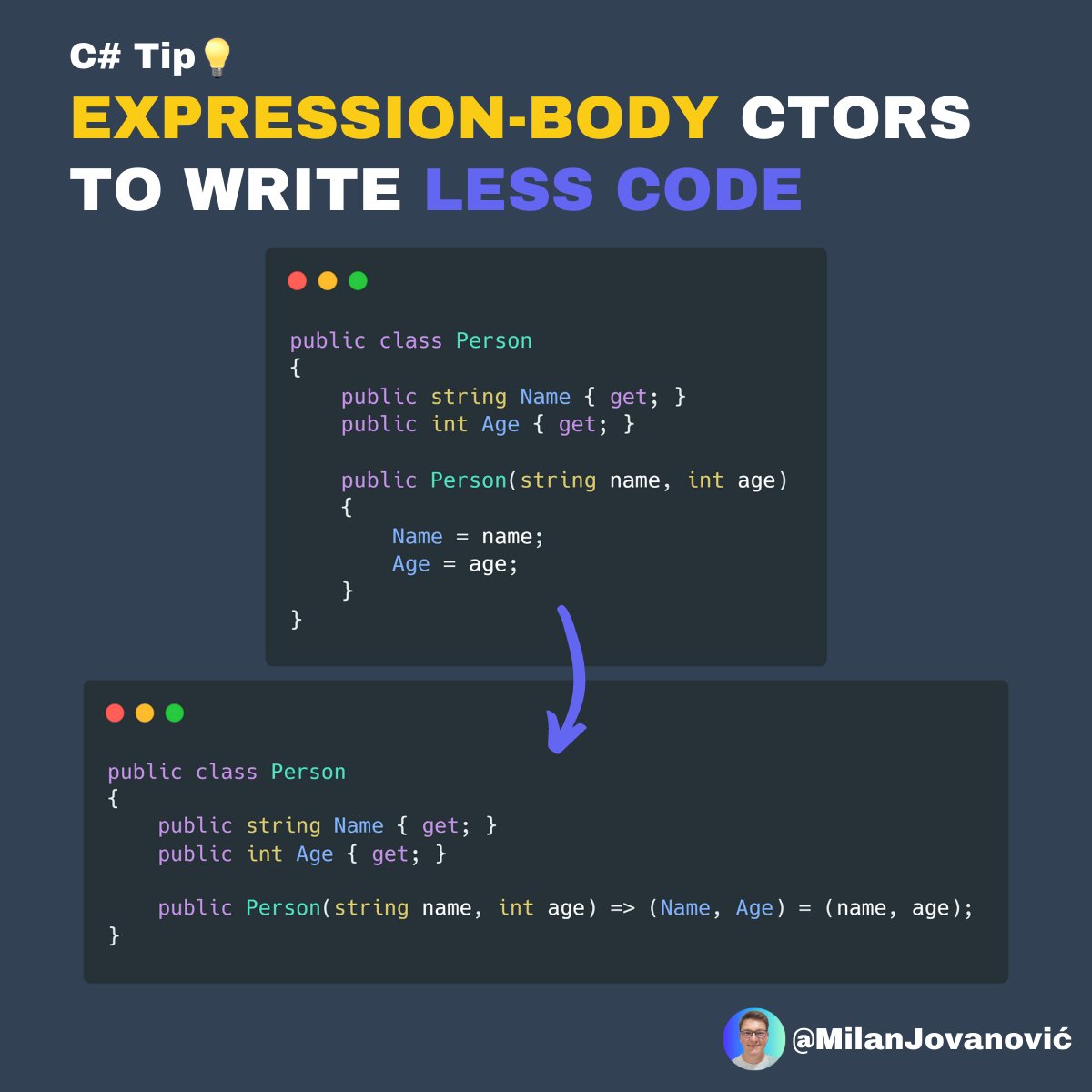 mjovanovictech's tweet photo. C# Tip 💡

Did you know you can use 𝗲𝘅𝗽𝗿𝗲𝘀𝘀𝗶𝗼𝗻-𝗯𝗼𝗱𝘆 𝗰𝗼𝗻𝘀𝘁𝗿𝘂𝗰𝘁𝗼𝗿𝘀?

Expression body constructors have been available since C# 7.

You specify the arguments using a tuple and deconstruct them into the property values. https://t.co/f09a2SlPkF
