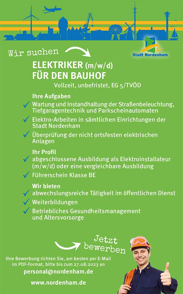 Die Stadt Nordenham sucht zum nächstmöglichen Zeitpunkt einen
Elektriker (m/w/d) für den Bauhof
📷
t1p.de/doa1m
#notdseeküste #wesermündung #wesermarsch #butjadingerküste #nordenhamfuereuch #butjadingen #nordenham #nordsee #nordseeküste