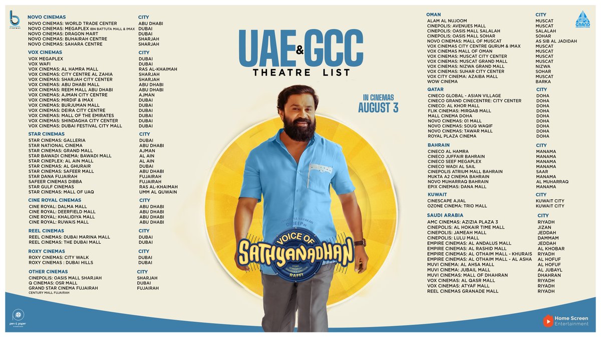 'Voice Of Sathyanathan'- UAE & GCC Release

Don't Miss The Theatres Experience 🔥👌🏻
Book your tickets now...
.
.
#VoiceOfSathyaNathan #gccrelease #uaerelease #Gulfrelease #FamilyMovie #familytime #InTheatresNow #Dileep #veenanandakumar #directorraffi #AnupamKher #Sidhique