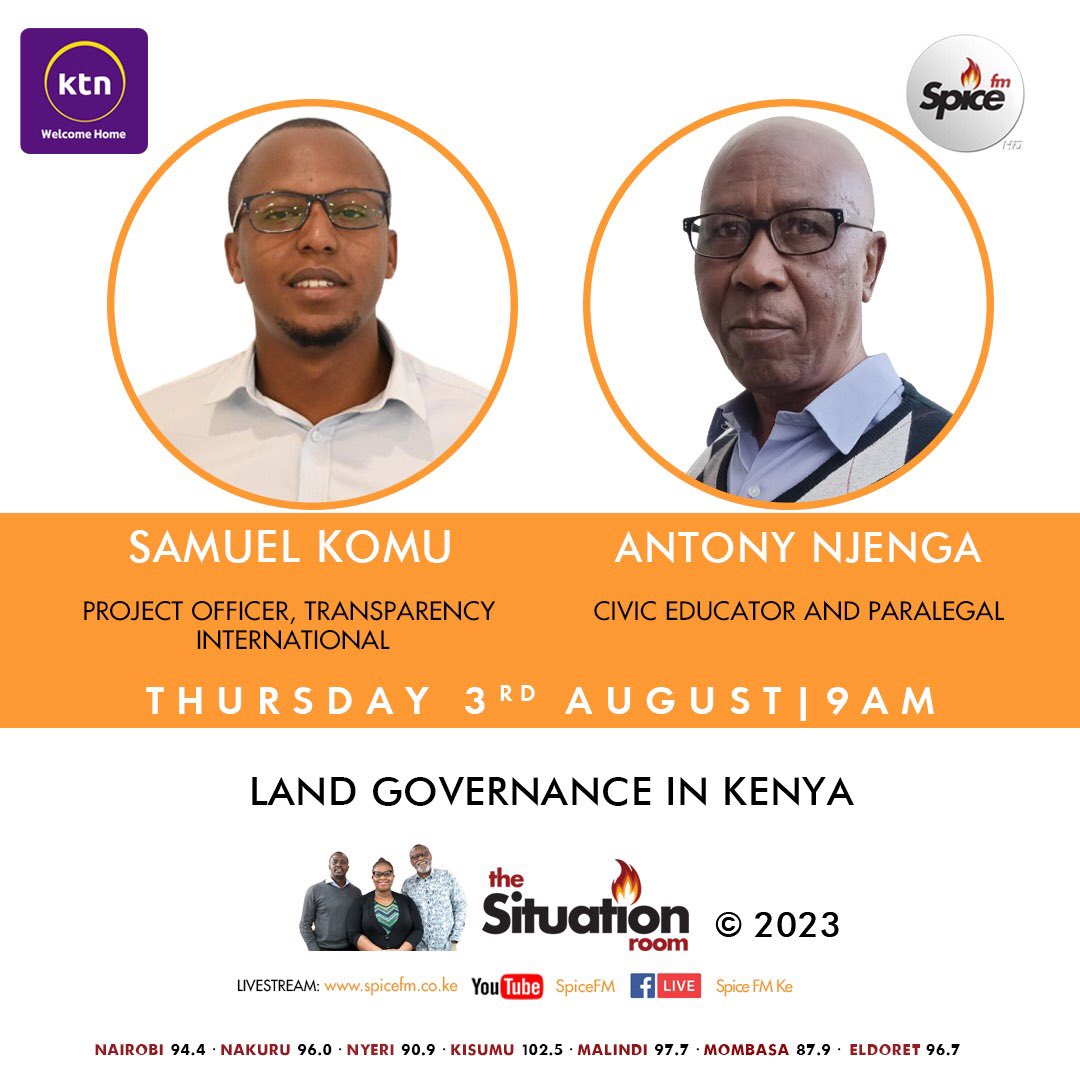 Land governance in Kenya.
Join the conversation. #TheSituationRoom 

Livestream: youtube.com/live/UW_HW37lw…

.<a href="/TIKenya/">TI-Kenya</a>