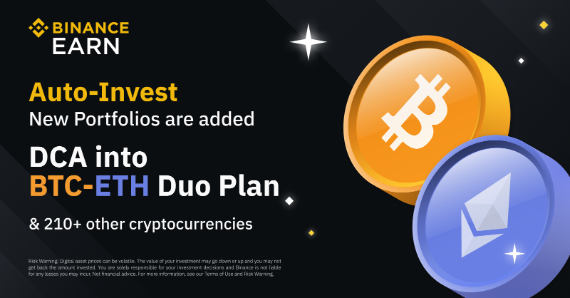 binance's tweet photo. #Binance adds a new Auto-Invest portfolio!

Set up your Auto-Invest plan and dollar-cost average into the new #BTC - $ETH duo plan on the Binance App and Web! 

Try it here 👇