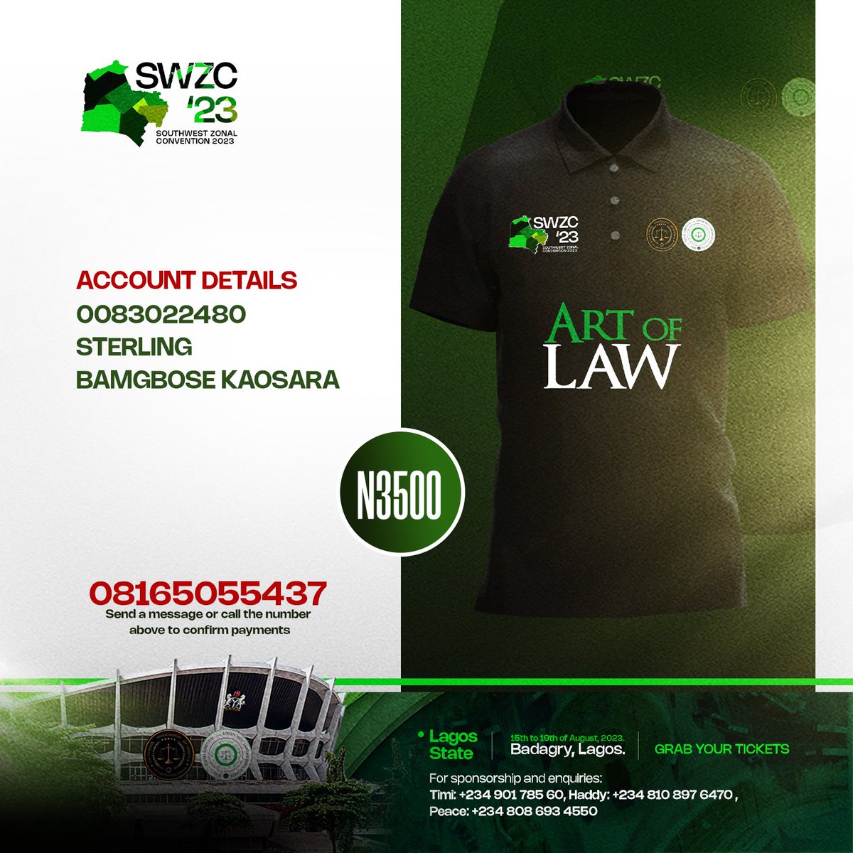 Lawsan_Swzone's tweet photo. SALE OF SWZC’23 TEES
Dearest Southwesterners,
Want to show that you’re an OG?? Why don’t you do that by buying our Convention Merch and be the proud Ambassador you ought to be!!!💚
The account to pay;
0083022480
STERLING
BAMGBOSE KAOSARA
P.S: Please send receipt of payment https://t.co/RiU0R6qhC8
