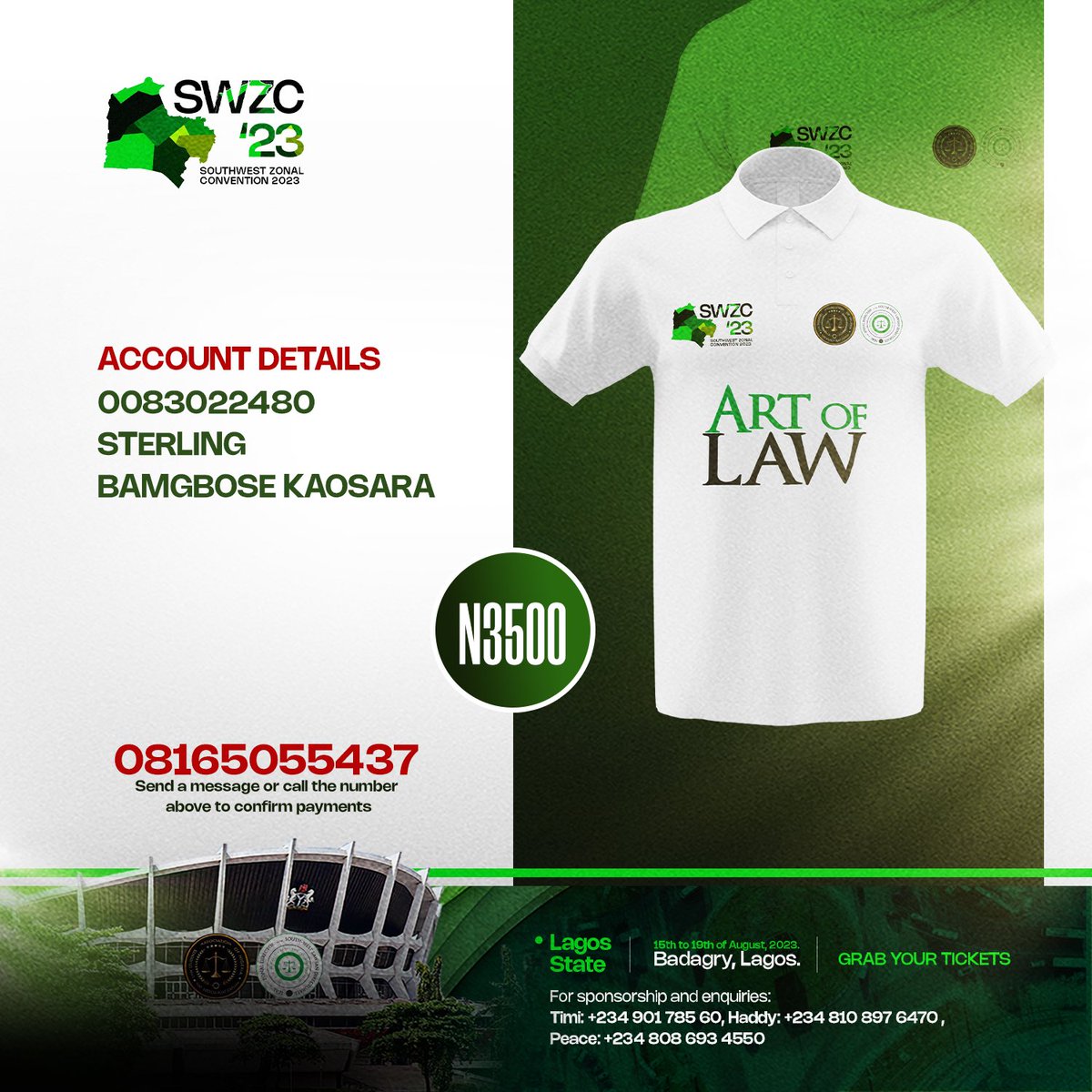 Lawsan_Swzone's tweet photo. SALE OF SWZC’23 TEES
Dearest Southwesterners,
Want to show that you’re an OG?? Why don’t you do that by buying our Convention Merch and be the proud Ambassador you ought to be!!!💚
The account to pay;
0083022480
STERLING
BAMGBOSE KAOSARA
P.S: Please send receipt of payment https://t.co/RiU0R6qhC8
