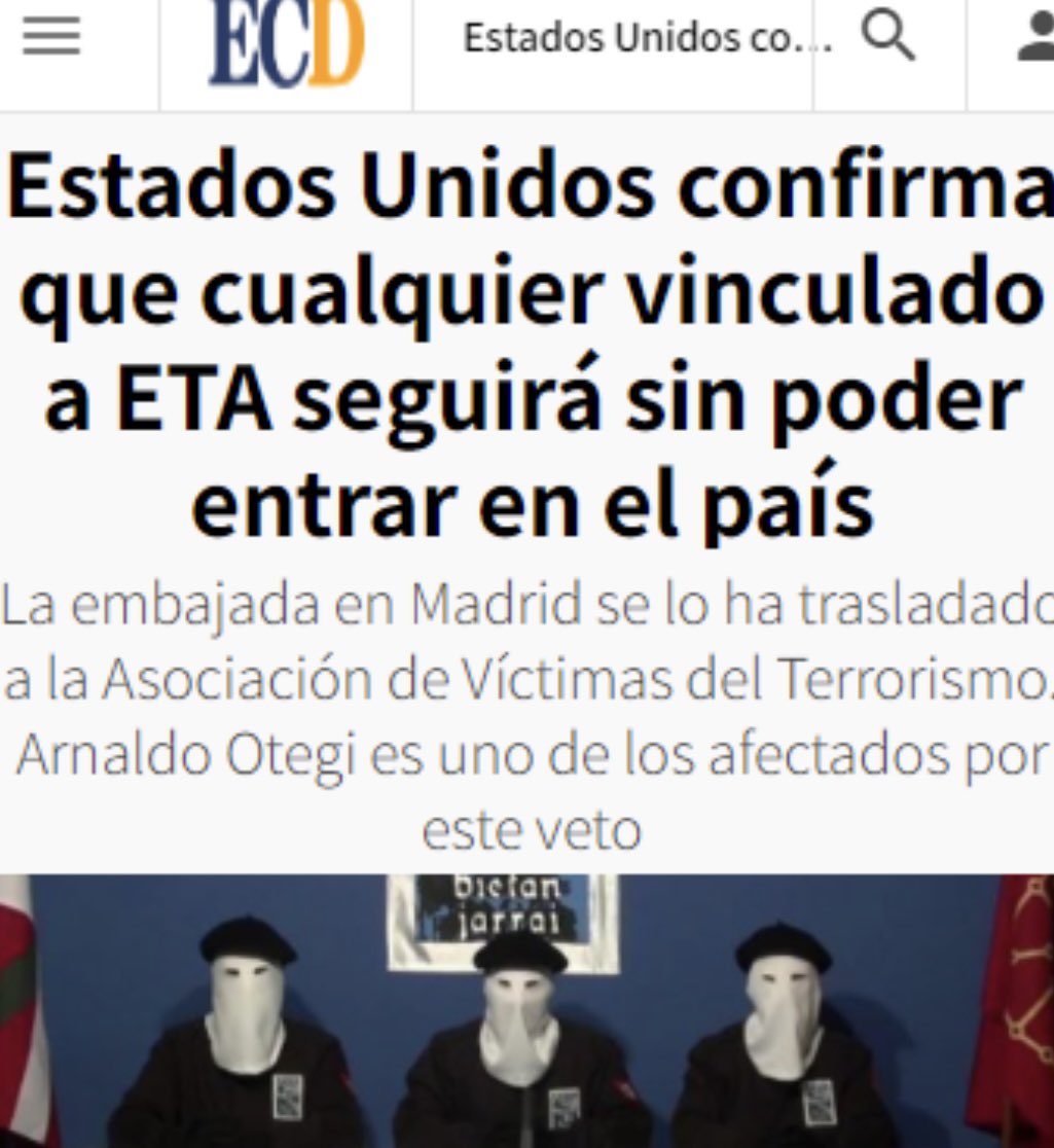 Rafa_Hernando's tweet photo. Estados Unidos mantiene que las personas q han estado vinculadas a ETA sigan sin poder entrar en el País 

En España son socios del gobierno de @sanchezcastejon

¡Repulsivo!👇 https://t.co/8sIfsnCn3H