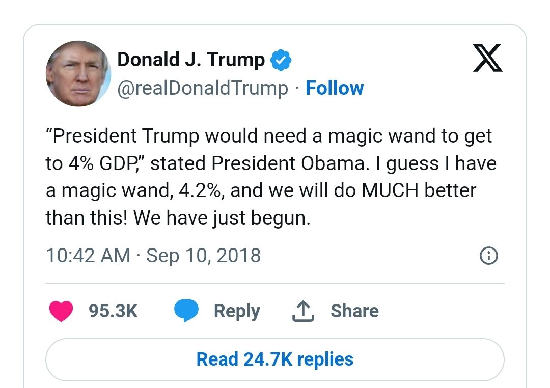 holler_tn's tweet photo. @KiwiBassMonkey @Daytobehappy I remember when B.O. sd Trump would need a magic wand to get the gdp up to 4% as he claimed & the audience laughed & laughed. Then @realDonaldTrump released he got it to 4.2% & Patriots cheered & laughed while B.O. THEN tried 2 take credit. #POSLIAR #Trump2024 https://t.co/smtXU7ZJS9