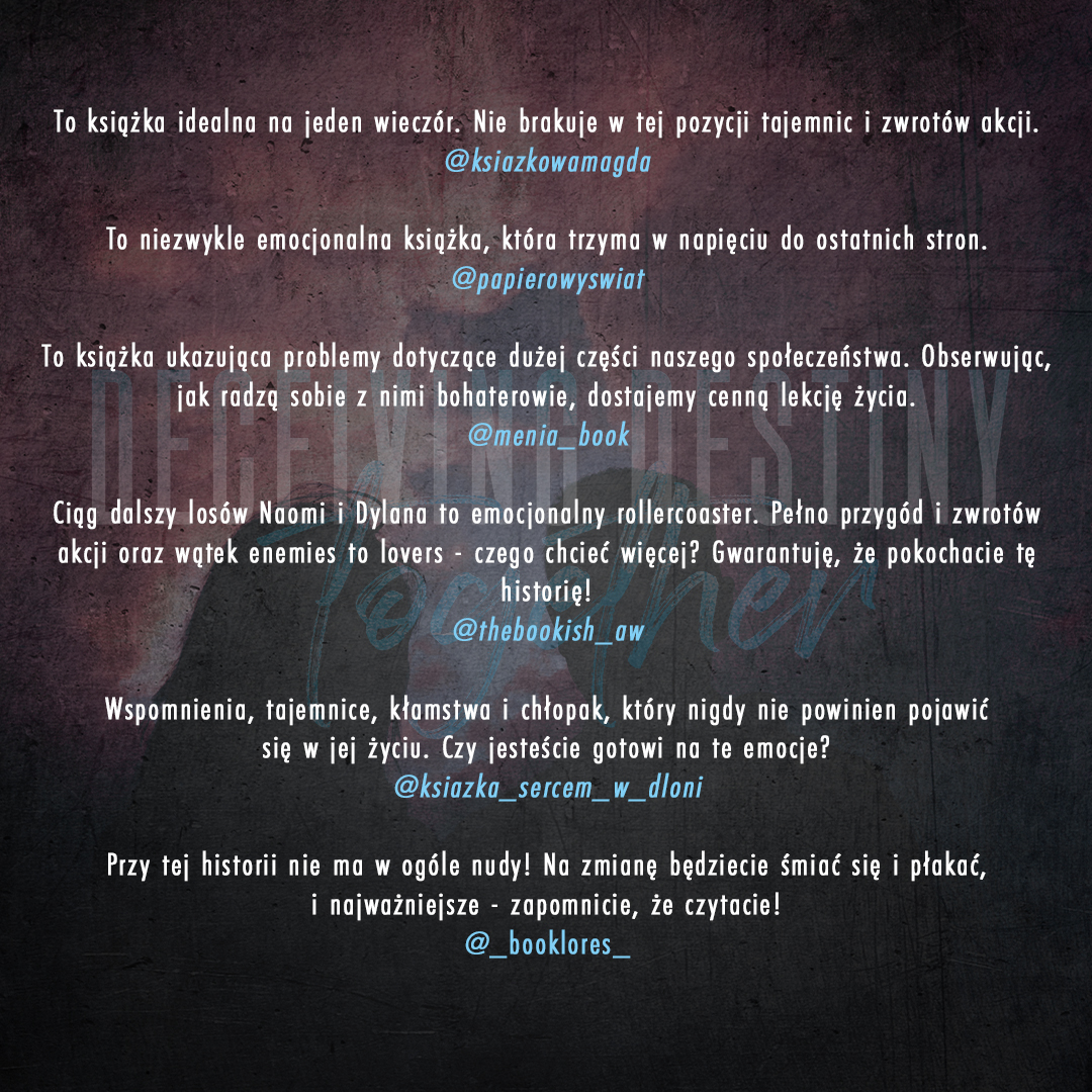 Już dziś na legimi wskoczy "Deceiving Destiny Together" Weroniki Szutkowskiej, a gdybyście zastanawiali się, czy warto po nią sięgnąć, zobaczcie co myślą o niej patronki 🔥
<a href="/indessautorka/">Werka | DDT ERA☁️</a>