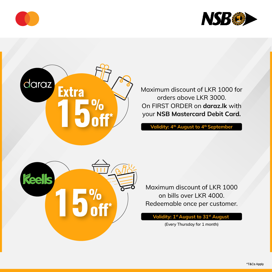 NSBSLOfficial's tweet photo. Enjoy 15% off @ Keells and https://t.co/BOpnHporw1 with NSB MasterCard Debit Cards

T &amp; C - https://t.co/BiMV7xHVef

#MASTERCARD #daraz #Keells #keells #cardoffers #onlinediscount #debitcardoffers #nsb https://t.co/8xR37nmKpH