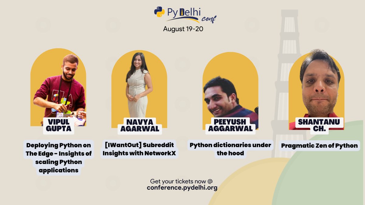KonfHub's tweet photo. 🚀 Exciting news! The first set of talks for @PyDelhi  Conference 2023 is now available!

🗓️ Join us on Aug 19-20, 2023, from 8:00 AM to 5:00 PM IST. Don't miss out on this incredible lineup.

Tickets 🎟️ at https://t.co/H3Z83ELcDh 
Check the #schedule at https://t.co/OEfksFLDYF. https://t.co/JfuUTDAKiQ