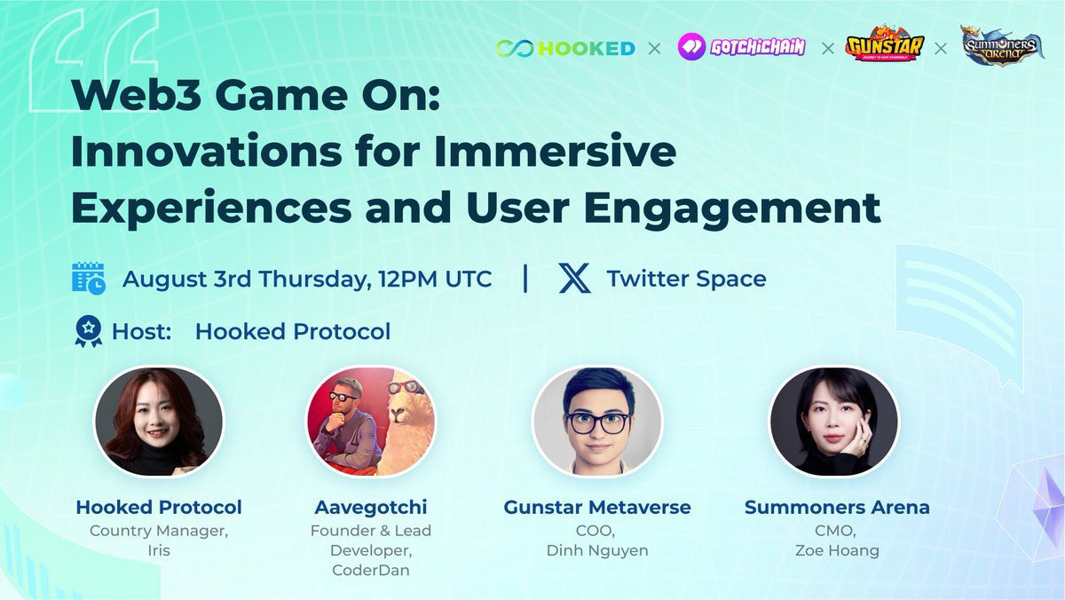 🔥 #Web3 Game On: Innovations for Immersive Experiences and User Engagement! Join us for an insightful AMA with experts from @aavegotchi, @GunStar_io, and @SummonersArena as they discuss the future of gaming on the blockchain! 🗓️ Thursday, August 3rd, 12PM UTC 🎤 Speakers