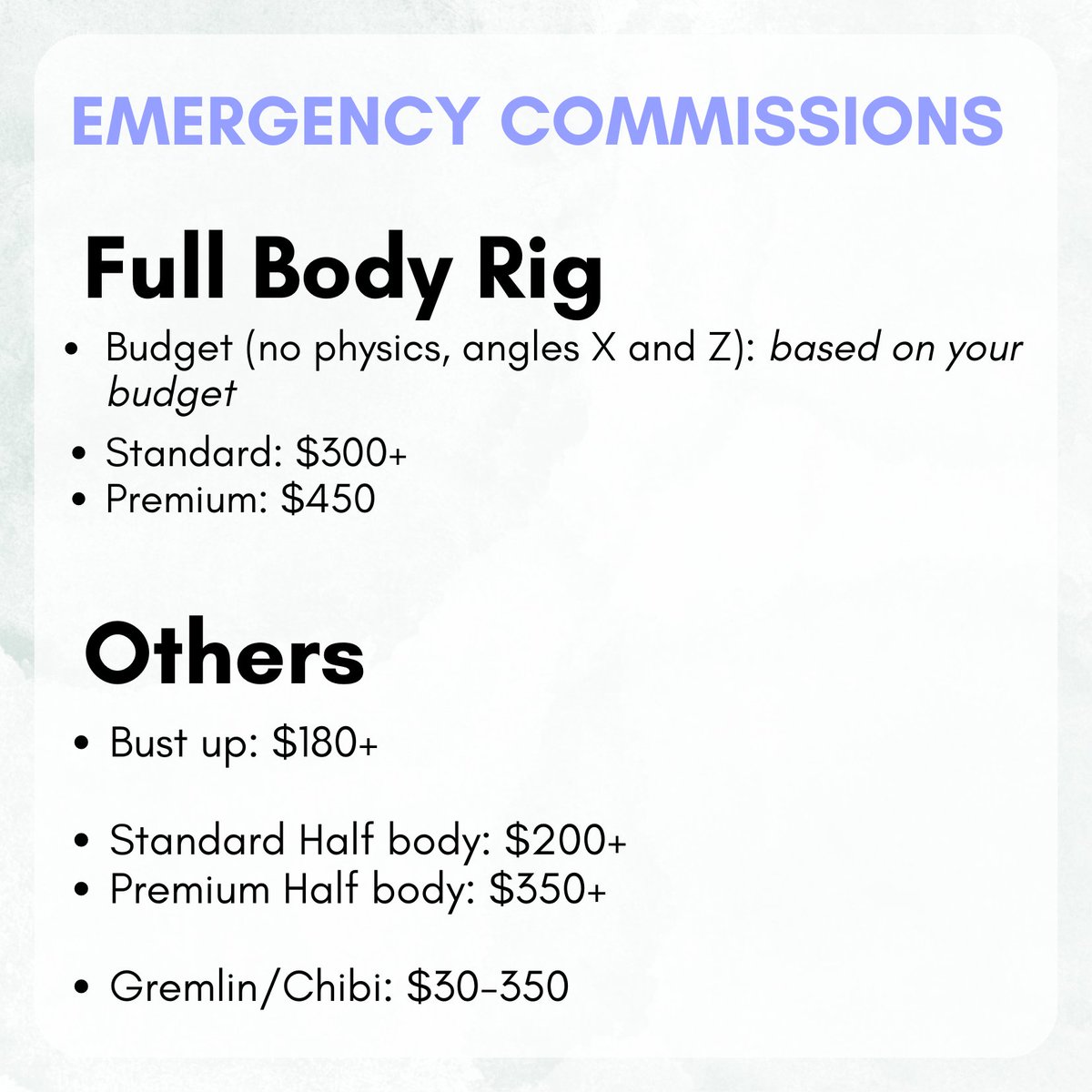 Im opening emergency rigging commissions because I really need to buy a laptop for university TT

Here are the prices and some of my best works! If you wish to see more, just message me on Discord or here (ill reply tomorrow if twt)

Discord: vyehorten
vyehorten.carrd.co