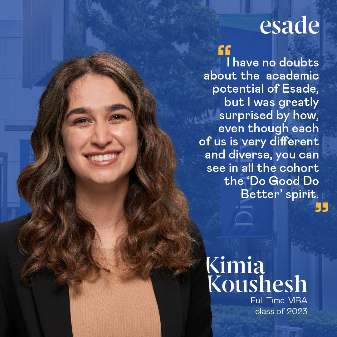 Esade's tweet photo. ⭐"Kimia helped establish student-led events that focused on topics like race, gender, ethnicity and discrimination. I have no doubt that she will continue to achieve great things", said @JHohberger, associate dean of #theEsadeMBA, when Kimia Koushesh was named Best and Brightest MBA of '23 by @PoetsAndQuants. 

Congratulations, Kimia! Your achievements are truly remarkable. 👏  

Read more: https://t.co/rJ8hKddin6