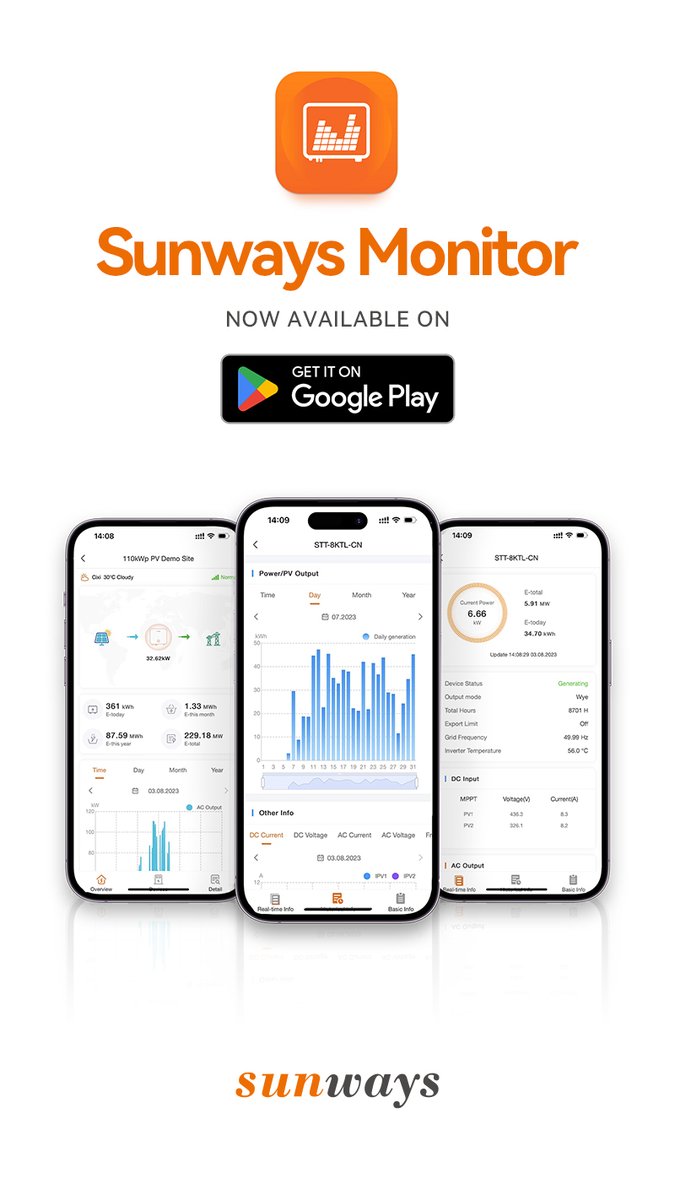 Sunways_Tech's tweet photo. 📲🌞 Explore the new Sunways Monitor app on Google Play, offering you a seamless experience to monitor real-time power generation from your device. ⚡️ Discover its convenient features and more. Give it a try today! 🔋😎
#SunwaysMonitor #renewableenergy #solarpower https://t.co/kyTzT32sBF