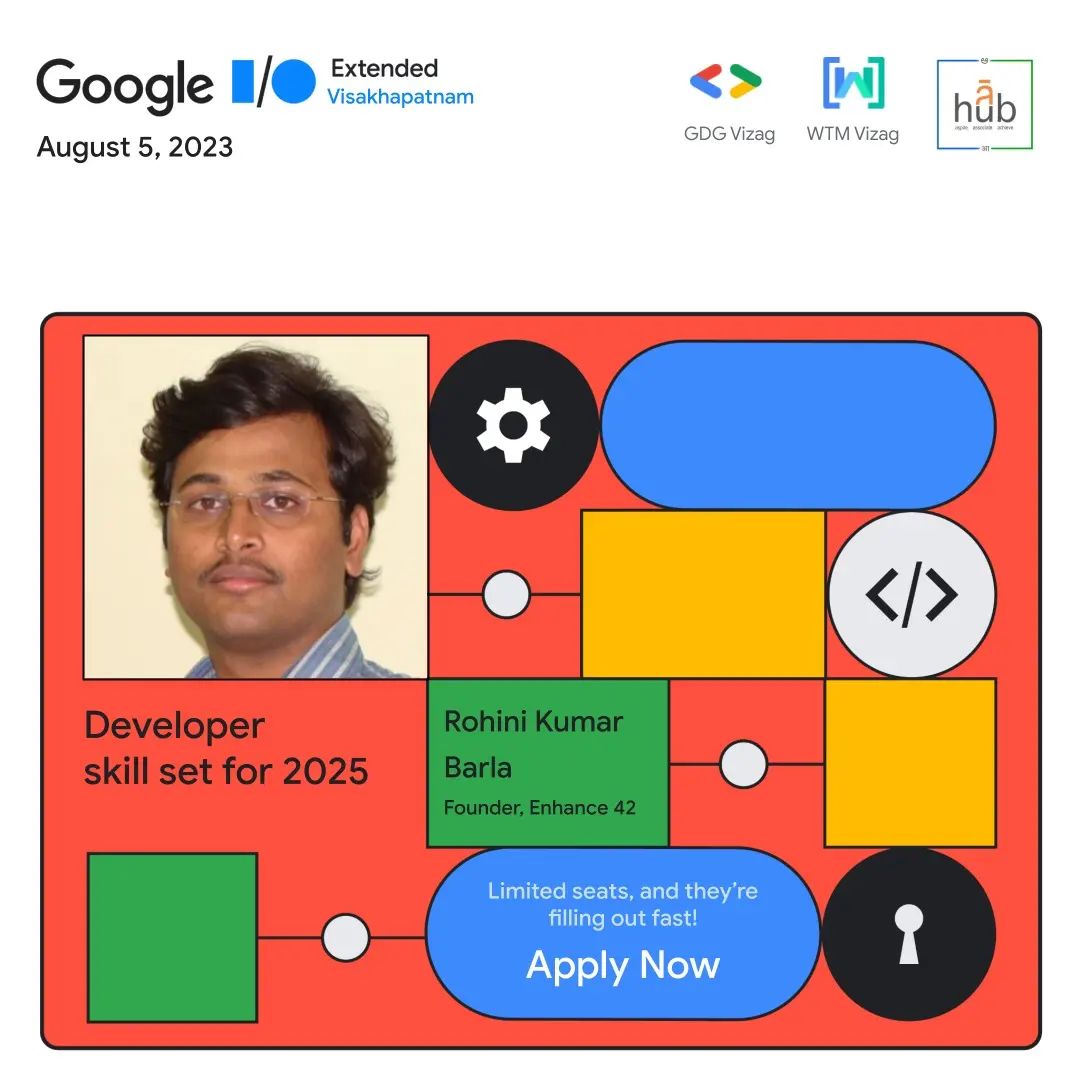 GDGVizag's tweet image. Looking to future-proof your career as a developer? Don&apos;t miss this exclusive IO event where Rohini Kumar Barla, Founder, Enhance 42, will share invaluable insights on the &quot;Developer Skill Set for 2025.&quot; See you on 5th August&apos; 23

#DeveloperSkills2025 #IOEvent #Enhance42Founder