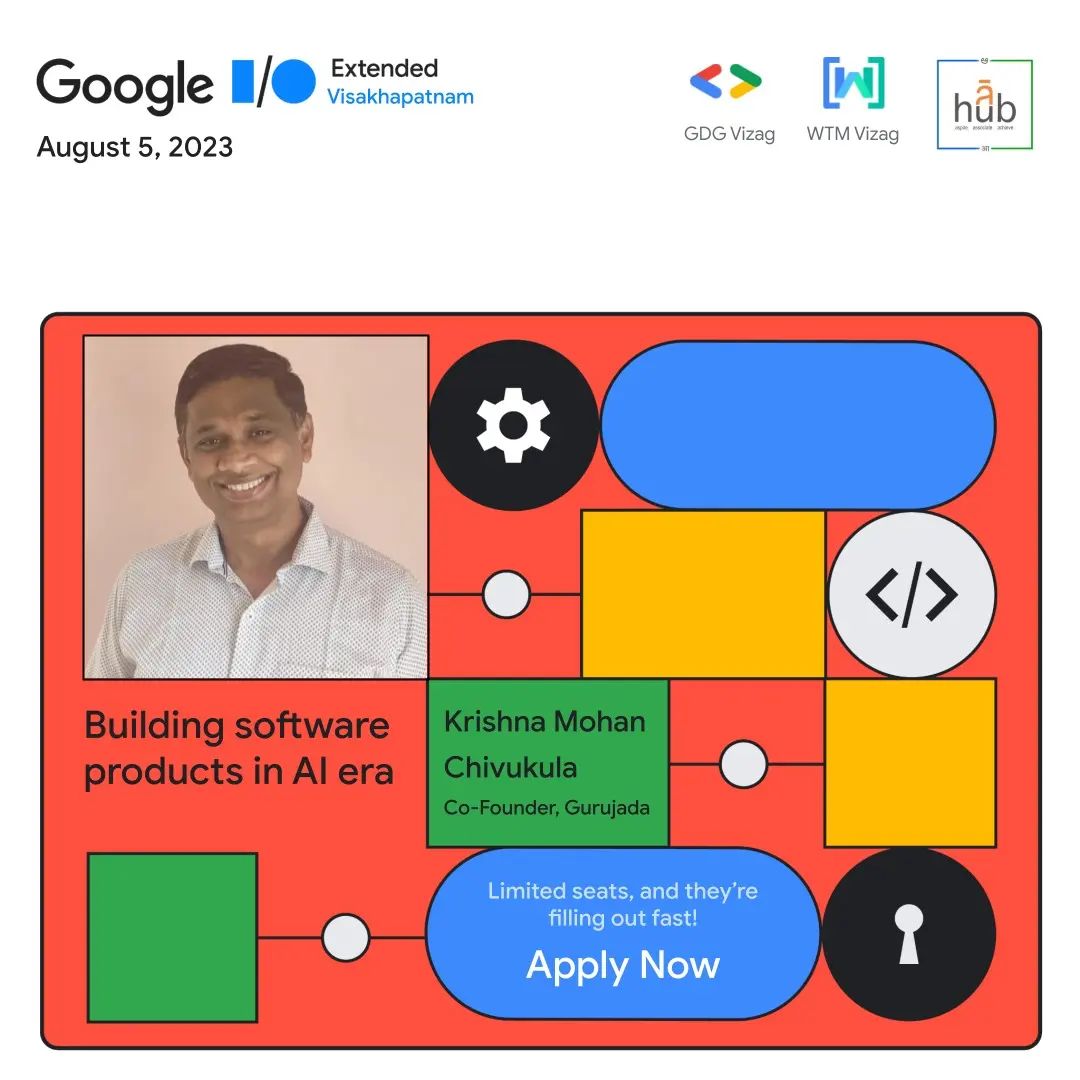 GDGVizag's tweet image. Are you eager to dive into the world of Al-driven software products? Join us for an exclusive IO event featuring Krishna Mohan Chivakula, as he shares his invaluable expertise on &quot;Building Software Products in the Al Era&quot; on 5th August &apos;23

#AISoftware #IOEvent #GurujadaCoFounder