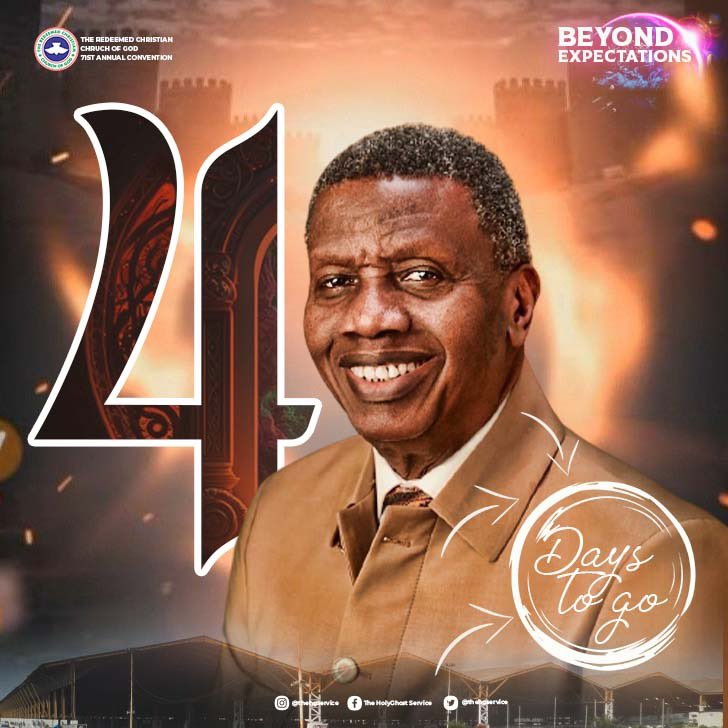 The RCCG 71st Annual Convention is exactly 4 Days from now. 
We are certain that God will do things that are beyond our own expectations.

Date is 7th to 13th August 2023
Venue: Redemption City, Mowe Ogun state.

71st Annual Convention
#BeyondExpectations