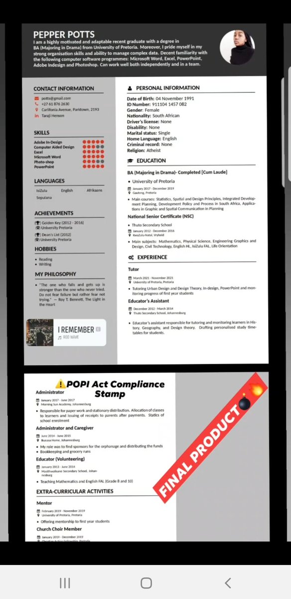 _thecvguy's tweet photo. CV Revamp/Typing Services 🚨| Cover &amp; Motivational Letters too 📃| Same Day Service ⚙| See my work below| WA  061 641 5201 | Greenwood Leo Messi Boers Breadwinner Lil Baby #OnceAlways Chris Brown Zama Zamas Portia Modise SAFA South Africa Malema Joburg Kroos #MommyClubShowmax https://t.co/nbDglFkAR0