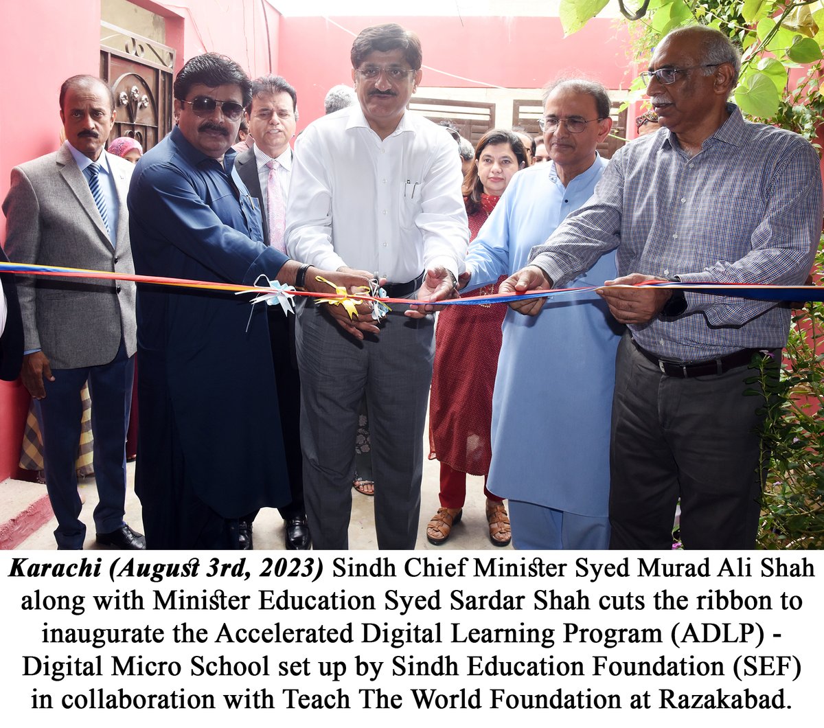 SindhCMHouse's tweet photo. Sindh CM Murad Ali Shah along with Minister Education Syed Sardar Shah cuts the ribbon to inaugurate the Accelerated Digital Learning Program (ADLP) - Digital Micro School set up by Sindh Education Foundation (SEF) in collaboration with Teach The World Foundation at Razakabad. https://t.co/5M19TLX2x9