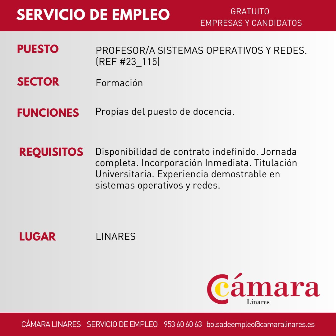 CamaraLinares's tweet photo. 📷OFERTAS DE EMPLEO ACTIVAS📷
Inscríbete📷https://t.co/4tROGuhRU4
En nuestro servicio de empleo conectamos a empresas y candidatos.
#EMPLEO #BolsaDeEmpleo #BolsaDeTrabajo #servicioempleo #Curriculum #camaracomerciolinares https://t.co/QuRBm1cVYW