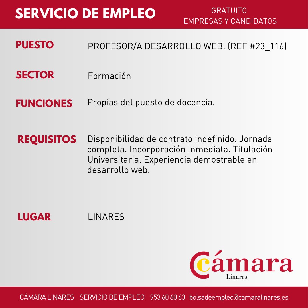 CamaraLinares's tweet photo. 📷OFERTAS DE EMPLEO ACTIVAS📷
Inscríbete📷https://t.co/4tROGuhRU4
En nuestro servicio de empleo conectamos a empresas y candidatos.
#EMPLEO #BolsaDeEmpleo #BolsaDeTrabajo #servicioempleo #Curriculum #camaracomerciolinares https://t.co/QuRBm1cVYW