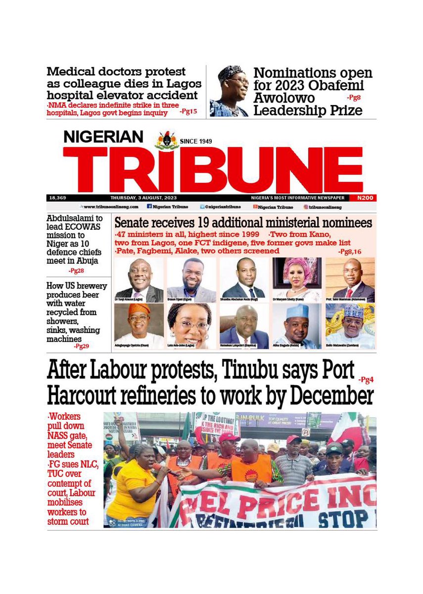 OtoGod1's tweet image. Review of  headlines from some Nigerian newspapers #DeleAlake #NYSC #ECOWAS