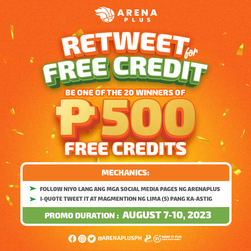arenaplusph's tweet photo. Masayang Lunes sa lahat! Sundan lang ang mechanics at maging isa sa 20 na magkakaroon ng 500 FREE CREDITS.

Oo, tama ang nabasa mo. 500 FREE CREDITS!

#RetweetForFreeCredit #ArenaPlusPH #AstigSaSports https://t.co/tyGxhRRpYj