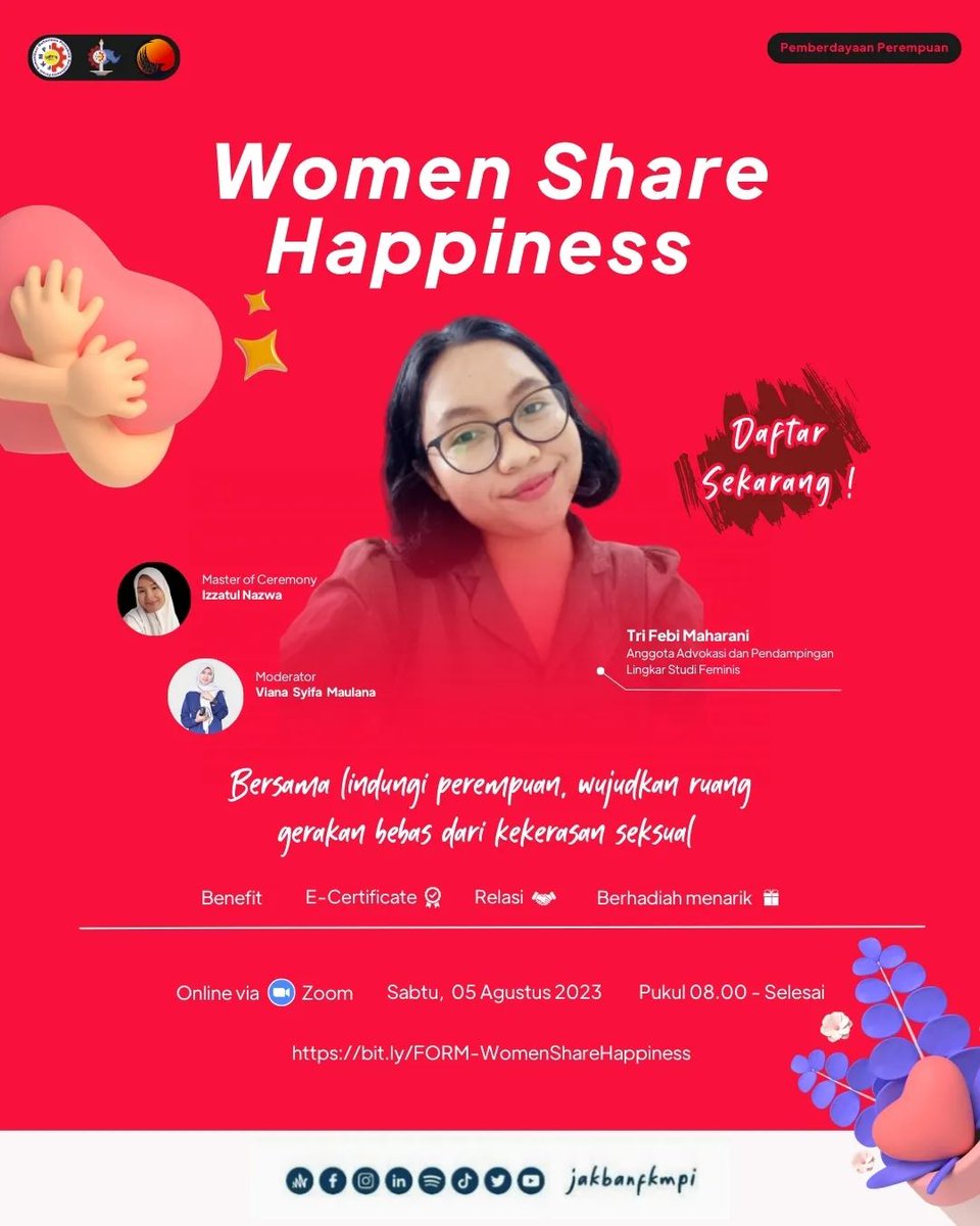 JakbanFKMPI's tweet photo. 🌹WOMAN SHARE HAPPINESS 2023🌹

Save the Date❗
🗓 : Sabtu, 05 Agustus 2023
🕑 : 08.00 WIB s.d Selesai
💻 : Online Via Zoom Meeting

Link Pendaftaran: https://t.co/qKijEEA32U

CP : 08567556407 (Nashwa Nur)

#FKMPIBerkaryaPoliteknikBerjaya
#FKMPIJakban2023 https://t.co/D0XyxygD3x