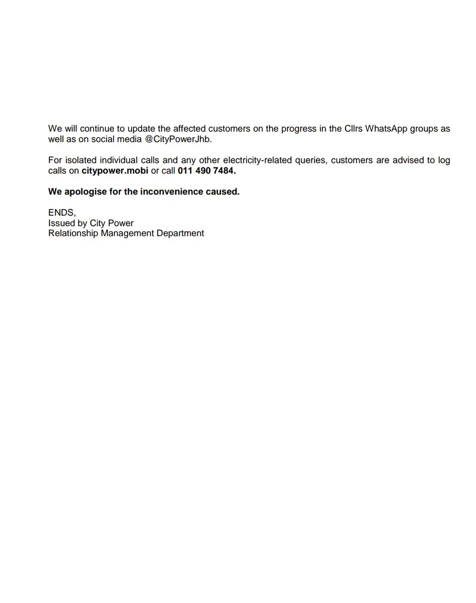 CityPowerJhb's tweet photo. #OutageUpdate #MidrandSDC
#Mayibuye 1.
#RabieRidgeExtension4(Parliament Street)
#KlipfonteinView
#CarlswaldCloseComplex
#BonneVieComplex
#RabieRidgeExtension5(Lerato Street)
Kindly note the updates below: π
^KM https://t.co/XrCeCZONWt