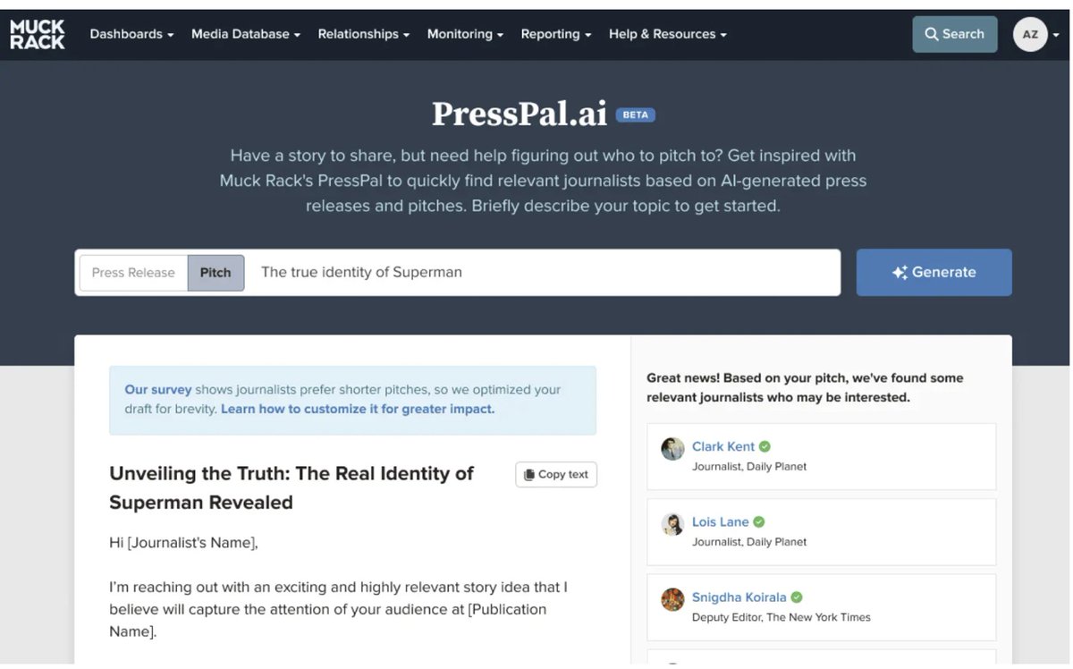 AskPRProphet's tweet image. Lo and behold! Checking out @muckrack’s new PressPal.ai tool that fuses the company’s media database with ChatGPT to draft press releases from a few keywords or headline. The PR Prophet raises an intrigued brow...  #PR #AI #publicrelations