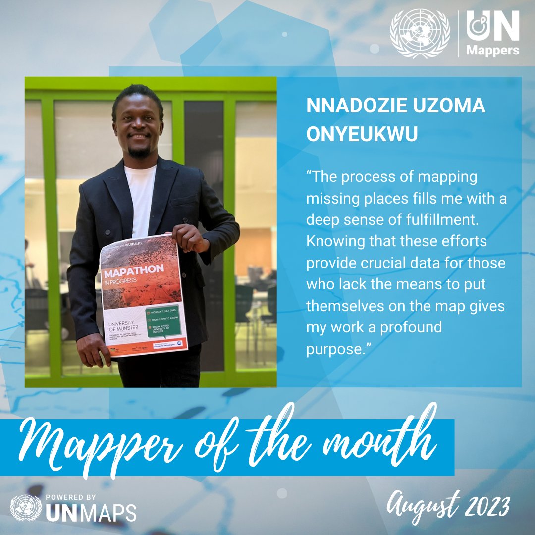 UN Mappers (@un_mappers) on Twitter photo Congrats to Nnadozie Uzoma Onyeukwu, our Mapper of the Month! 🎉
He is a Nigerian geospatial intelligence analyst, student of <a href="/Mastergeotech/">Master Geotech</a>. He recently organized a mapathon at the Institute for Geoinformatics, @WWU_Muenster
Read his story👉tinyurl.com/MoTM0823
<a href="/gischatbot/">#gischatbot</a> Congrats to Nnadozie Uzoma Onyeukwu, our Mapper of the Month! 🎉
He is a Nigerian geospatial intelligence analyst, student of <a href="/Mastergeotech/">Master Geotech</a>. He recently organized a mapathon at the Institute for Geoinformatics, @WWU_Muenster
Read his story👉tinyurl.com/MoTM0823
<a href="/gischatbot/">#gischatbot</a>