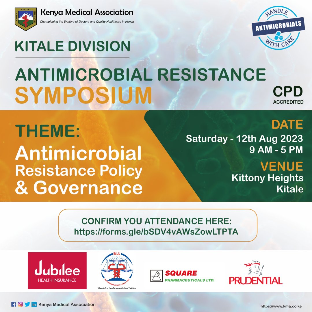 KenyaMedics_KMA's tweet photo. Kakamega | Bungoma | Vihiga | Webuye | Mumias 
📢 Tupatane Kitale for the Antimicrobial Resistance Policy &amp; Governance Symposium by KMA Kitale Division on 📅Saturday,12th August 2023 

📝 Confirm your attendance : https://t.co/SlX409x0WR

#AntimicrobialResistance 
@MTRHofficial https://t.co/3vA0BxoRAU