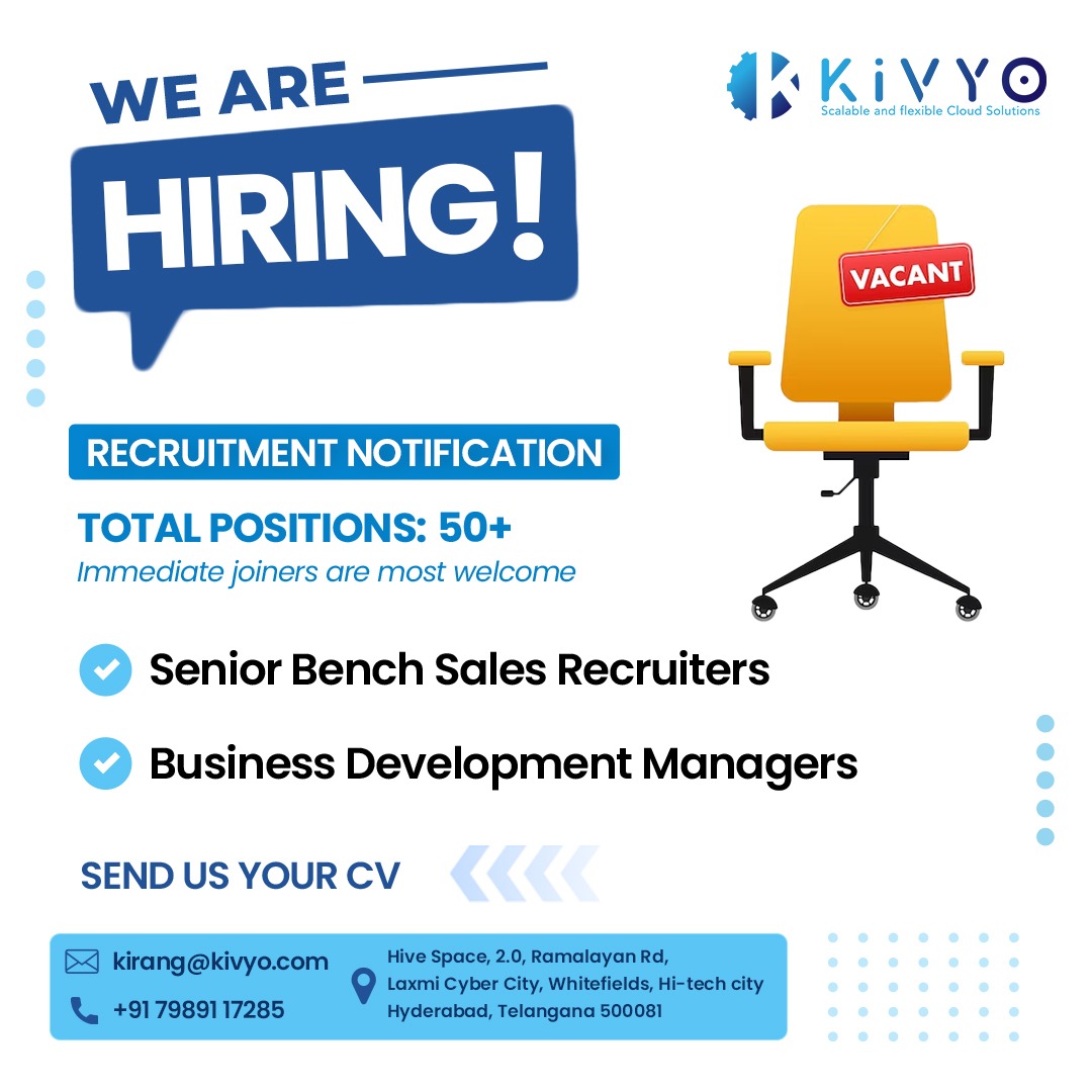 Kivyoinc's tweet photo. 📣 Exciting Opportunities at Kivyo Inc🚀

We're thrilled to announce that we have 50 + openings for talented Sr Bench Sales Recruiters and Business Development Managers to join our dynamic team!  

#KivyoInc #HiringNow #Recruitment #BusinessDevelopment #JoinOurTeam #BenchSales https://t.co/ULH5Nk2upz