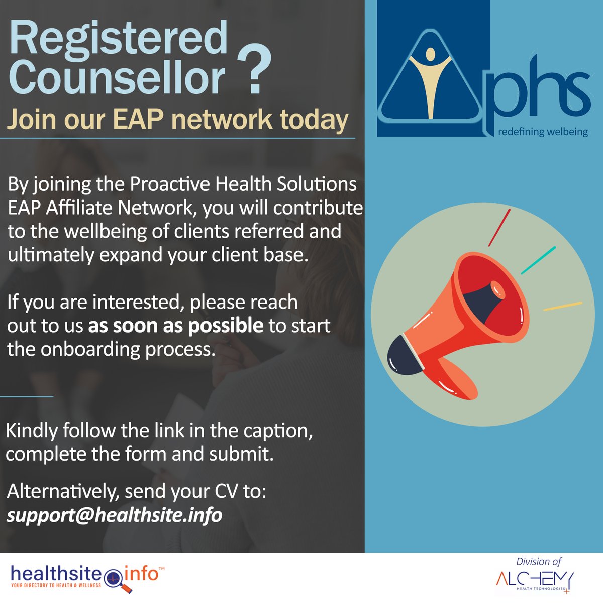 Calling on Registered Counsellors to join our EAP Affiliate Network! 📣 Click on the provided link to explore further details and kickstart your onboarding journey. [ healthsite.info/link/article?n… ] #healthcarepractitioners #EAP #Network #alchemyhealth #healthsite.info