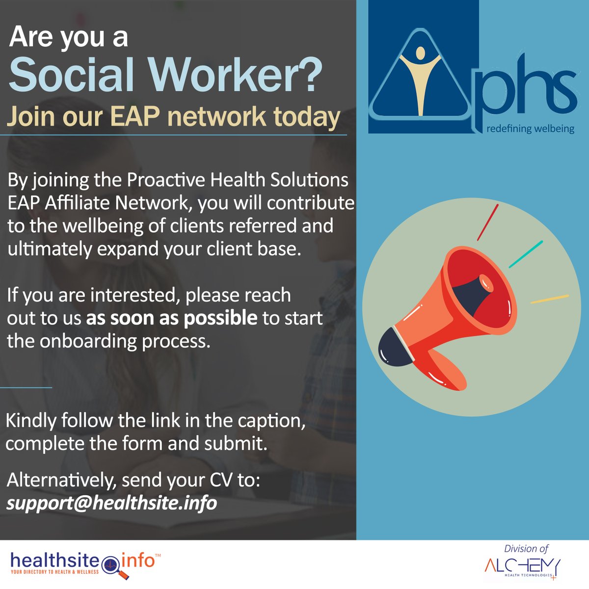 Calling on Social Workers to join our EAP Affiliate Network! 📣 Click on the provided link to explore further details and kickstart your onboarding journey. [ healthsite.info/link/article?n… ] #healthcarepractitioners #EAP #Network #alchemyhealth #healthsite.info