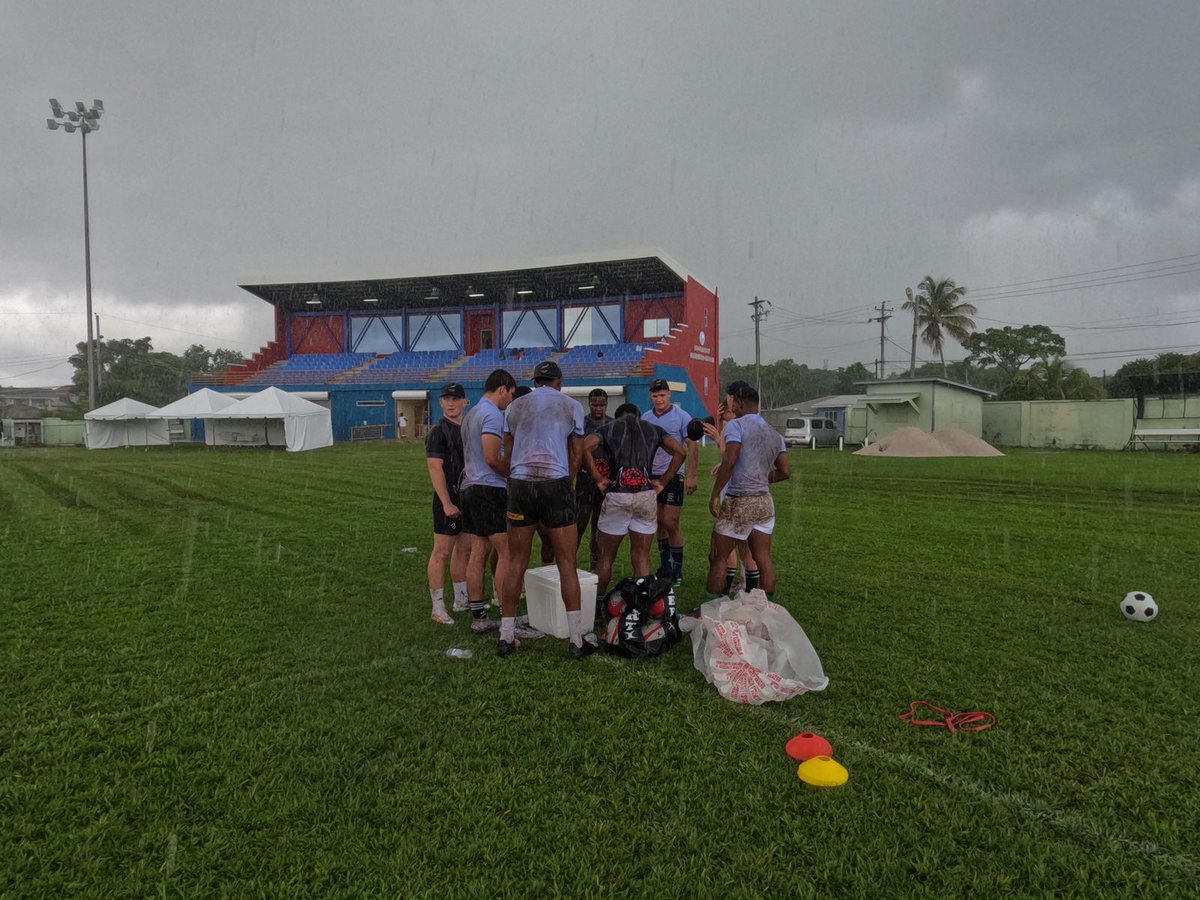 How much difference in a day! Yesterday @teamsouthafrica u18 7s boys had a nice sunny stretch on their team hotel lawn, today not so much at their training venue in Tobago.