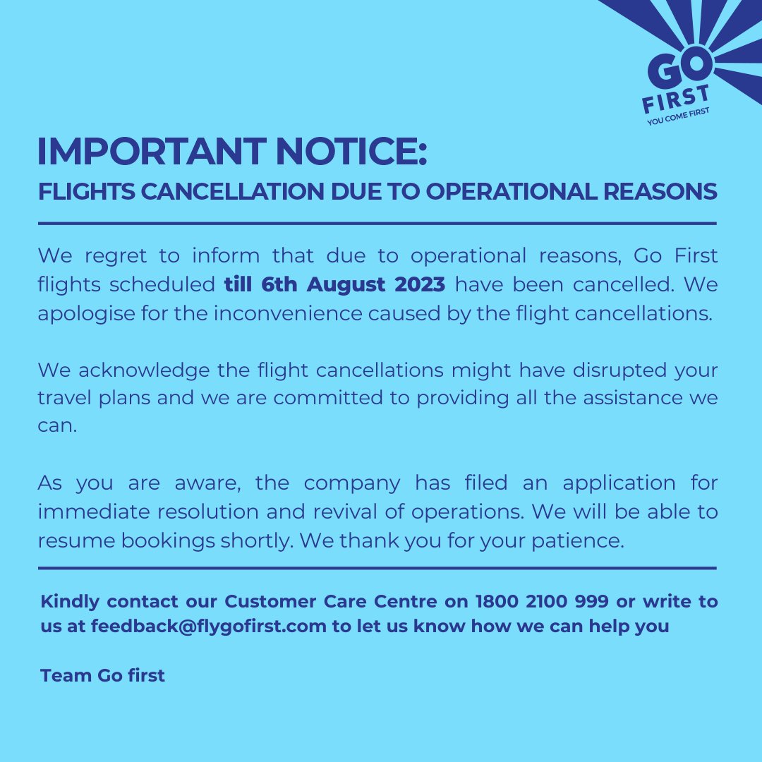CNBCTV18News's tweet photo. .@GoFirstairways extends flights cancellation till August 6 due to operational reasons
#GoFirst #gofirstflights @Daanish_Anand https://t.co/sTLqpjKJWV