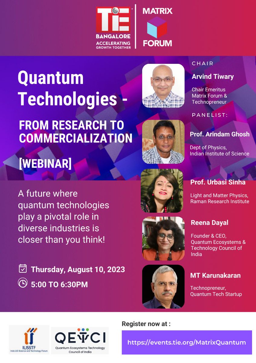 TiEBangalore's tweet photo. If you are a #Quantum #technologies researcher seeking a co-founder or an entrepreneur contemplating your next startup venture, this session is a must-attend for you.

QETCI (https://t.co/dGRVOpv40e) | IUSSTF (https://t.co/mmkFxhDivs)

Register: https://t.co/pe7lLSbz2K https://t.co/WZuPKDuQNU